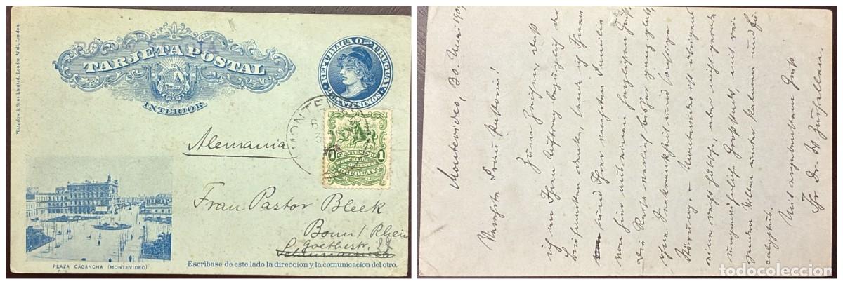 Sellos: O) 1909 URUGUAY, CATTLE 1c green, LIBERTY HEAD, POSTAL STATIONERY , CAGANCHA SQUARE, CIRCULATED