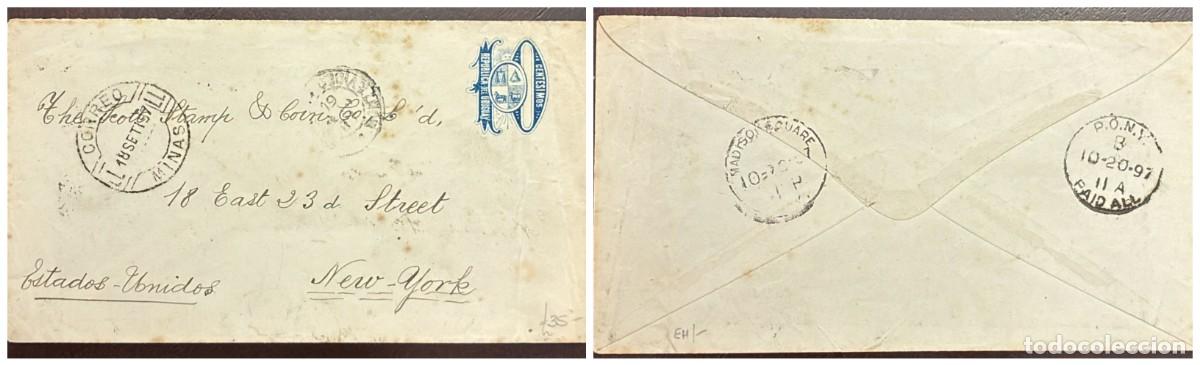 Sellos: O) 1897 URUGUAY, MINAS, COAT OF ARMS 10 centesimos, POSTAL STATIONERY CIRCULATED TO NEW YORK