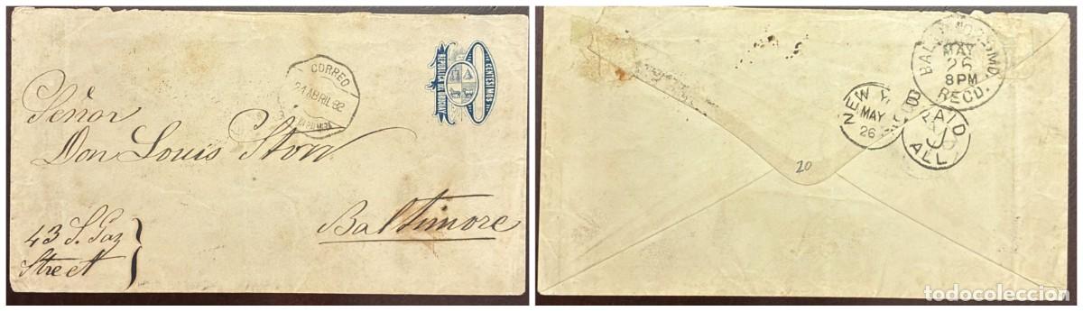 Sellos: O) 1882 URUGUAY, NUEVA PALMIRA, COAT OF ARMS 10 centesimos, POSTAL STATIONERY CIRCULATED TO BALTIMOR