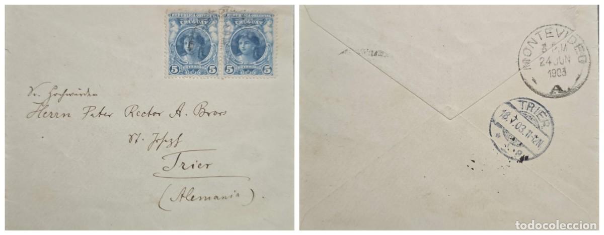 Sellos: O) 1903 URUGUAY, MONTEVIDEO, GIRL'S HEAD, SCT 154 5c blue, CIRCULATED TO GERMANY