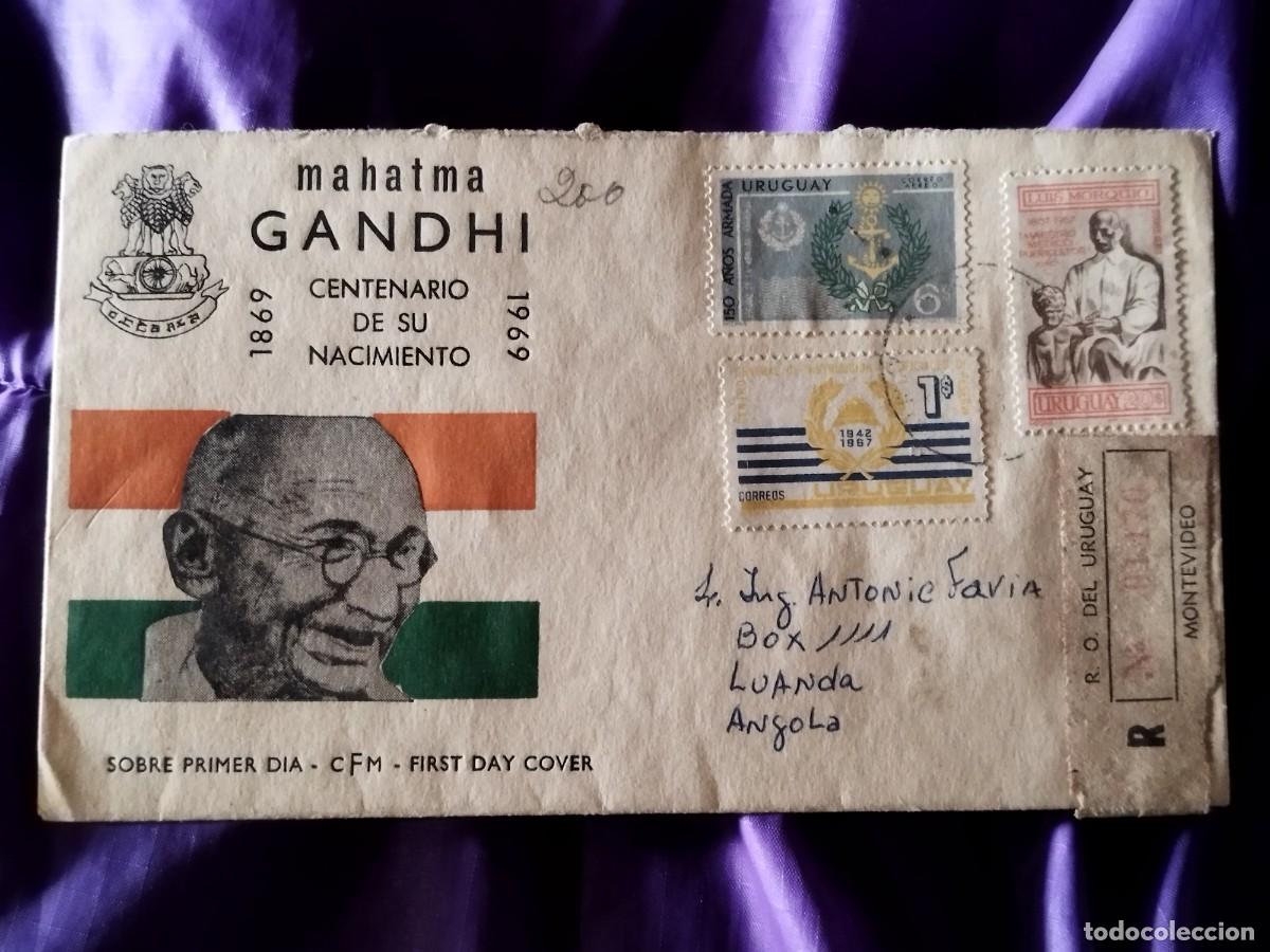 Sellos: Sobre Primer D&iacute;a (FDC) Mahatma Gandhi 1969 - Centenario Nacimiento - Uruguay a Angola