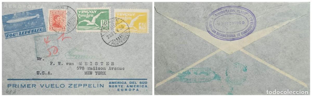 Sellos: O) 1930 URUGUAY, MONTEVIDEO, POR ZEPPELIN, FIRST ZEPPELIN FLIGHT, ARTIGAS 5c, AIR OST STAM P - AL