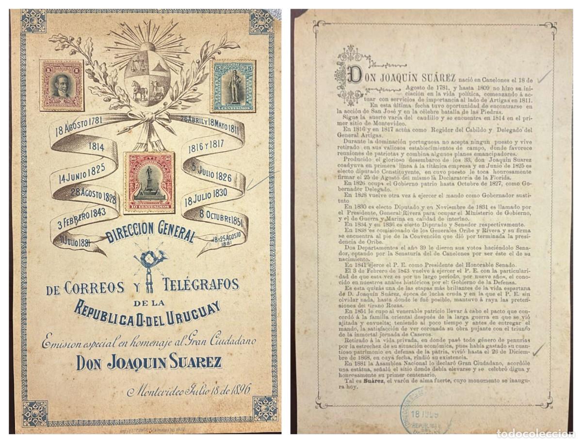 Sellos: O) 1896 URUGUAY, JOAQU&Iacute;N SU&Aacute;REZ SCT 130 - 132, URUGUAYAN POLITICIAN AND HERO, INDEPENDENCE AND PR