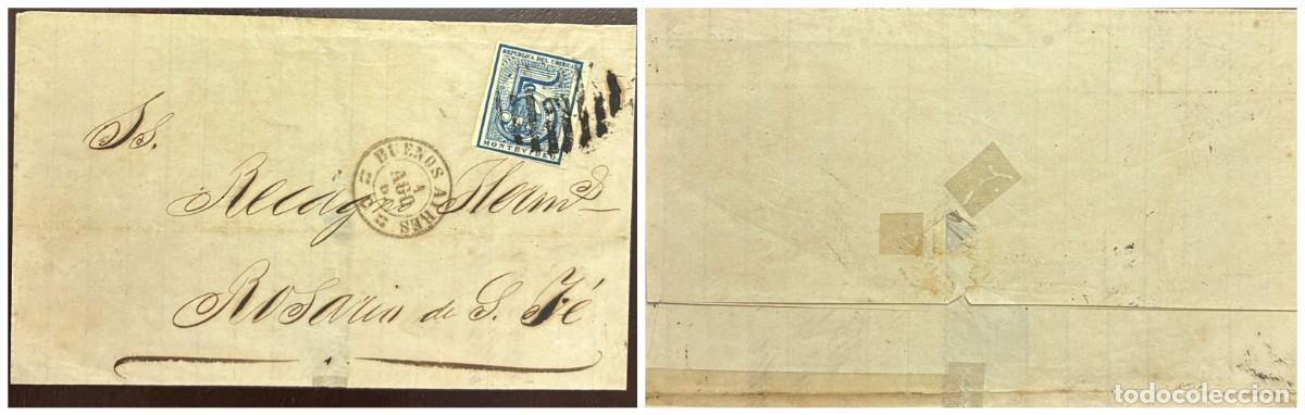 Sellos: O) 1866 URUGUAY, COAT OF ARMS AND NUMERAL VALE 5 centecimos blue, MUTE CANCELLATION, CIRCULATED TO