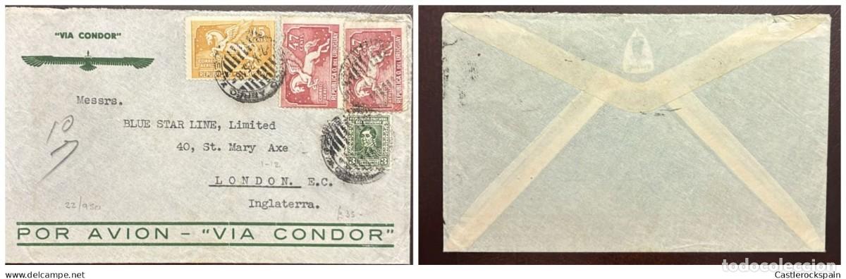 Sellos: O) 1935 circa, URUGUAY, VIA CONDOR, PEGASUS 15c, PEGASUS, PEGASUS 47c, GENERAL RIVERA, SCT 45 3c g