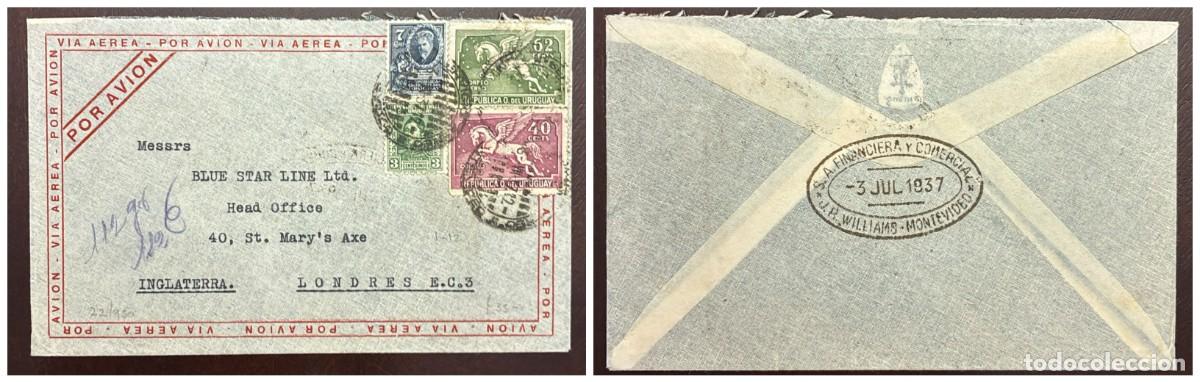 Sellos: O) 1937 URUGUAY, AIRMAIL, PEGASUS 62c, PEGASUS 22c, JUANZORRILLA DE SAN MARTIN 7c, BARREIRO PRINTIN