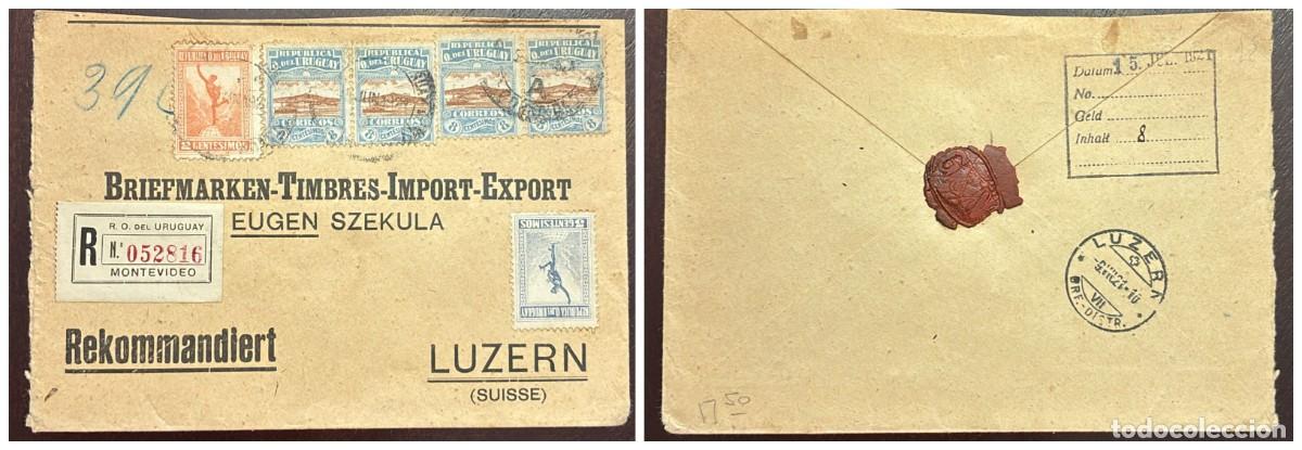 Sellos: O) 1920 URUGUAY, MONTEVIDEO, REGISTERED, MERCURY 2c, HARBOR OF MONTEVIDEO, CIRCULATED TO LUZERN, -