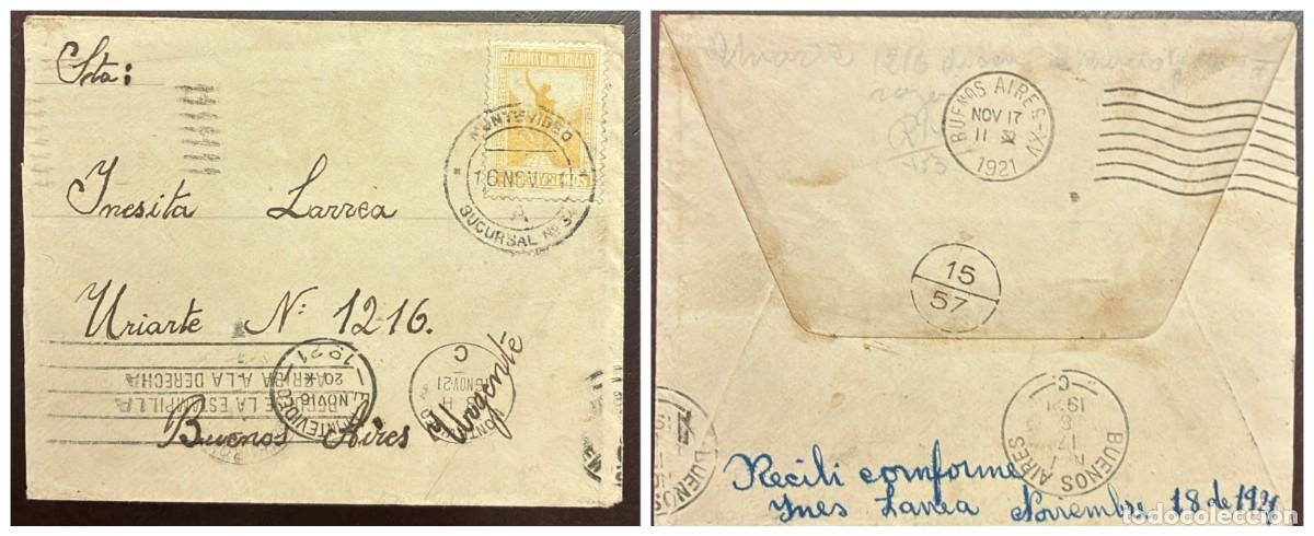 Sellos: O) 1921 URUGUAY, MONTEVIDEO, MERCURY 4c orange, CIRCULATD COVER TO BUENOS AIRES, XF