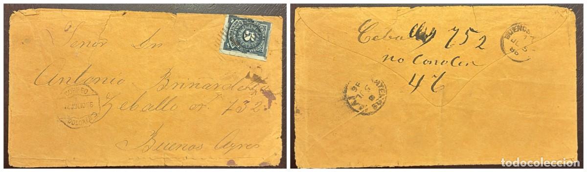 Sellos: O) 1896 URUGUAY, NUMERAL VALUE 5c green, CIRCULATED TO BUENOS AIRES