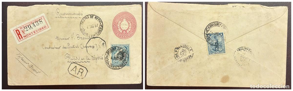 Sellos: O) 1897 URUGUAY, MONTEVIDEO, BRAZILIAN STEAM, , REGISTERED, RECOMMENDED, COAT OF ARMS 5c red, MERC
