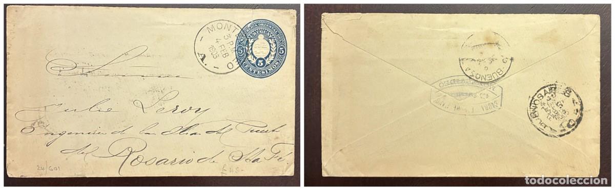 Sellos: O) 1903 URUGUAY, COAT OF ARMS 5c blue, POSTAL STATIONERY CIRCULATED TO ROSARIO DE SANTA FE