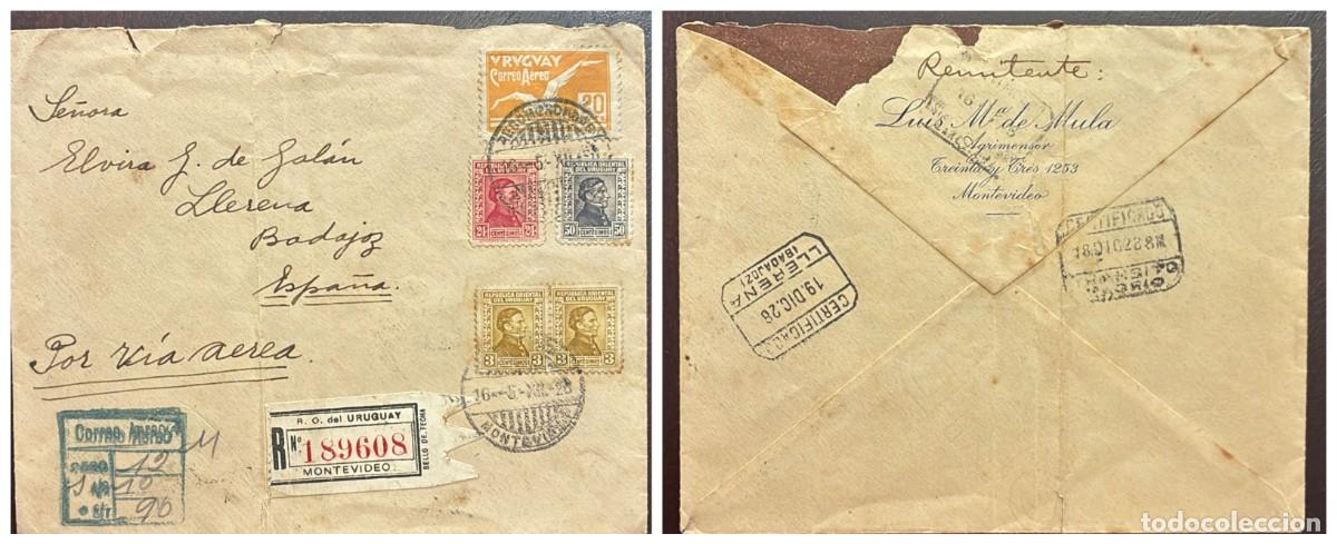 Sellos: O) 1925 URUGUAY, MONTEVIDEO, REGISTERED, VIA AEREA - AIRMAIL, ALBATROSS 20c, ARTIGAS, LLERENA CE