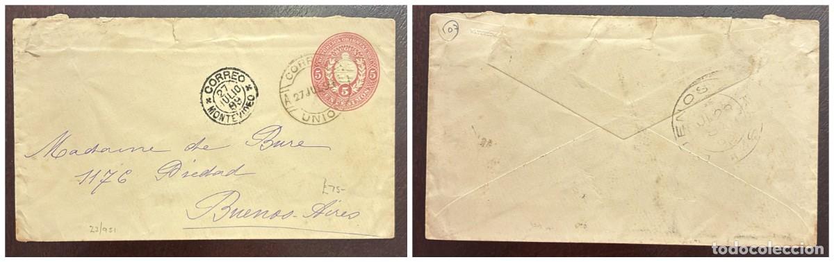 Sellos: O) 1898 URUGUAY, MONTEVIDEO, COAT OF ARMS 5c, POSTAL STATIONERY CIRCULATED TO BUENOS AIRES