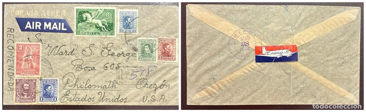 Sellos: O) 1946 URUGUAY, RECOMMENDED, PEGASUS 8c, ARTIGAS, JOSE PEDRO VARELA, EDUARDO ACEVEDO 2c, GENER