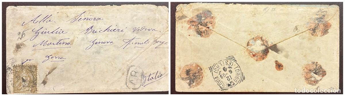 Sellos: O) URUGUAY, A.R. JUSTICE 25c, TURIN RAILWAY, CIRCULATED COVER TO FINALBORGO - ITALY, FINE