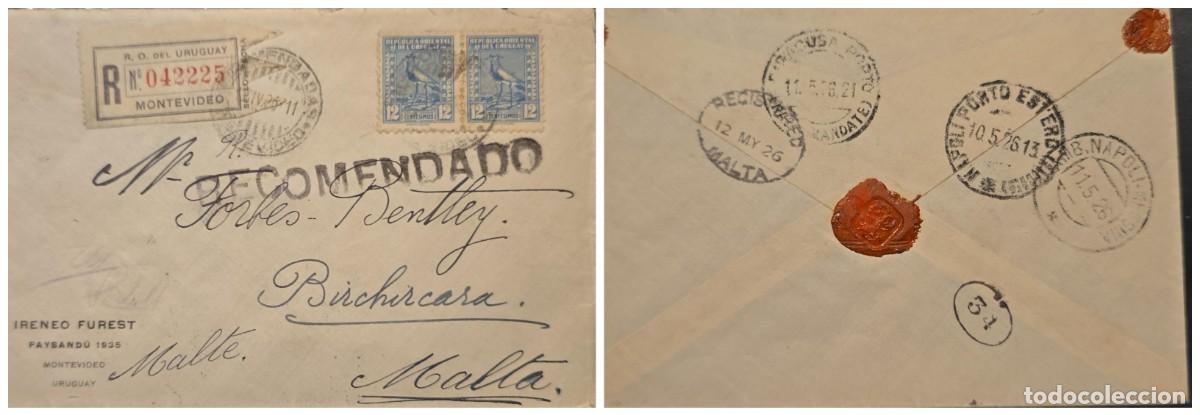 Sellos: O) 1935 URUGUAY, MONTEVIDEO, BIRD, SOUTHERN LAPWING, RECOMMENDED, REGISTERED IN MALTA, NAPOLI PO
