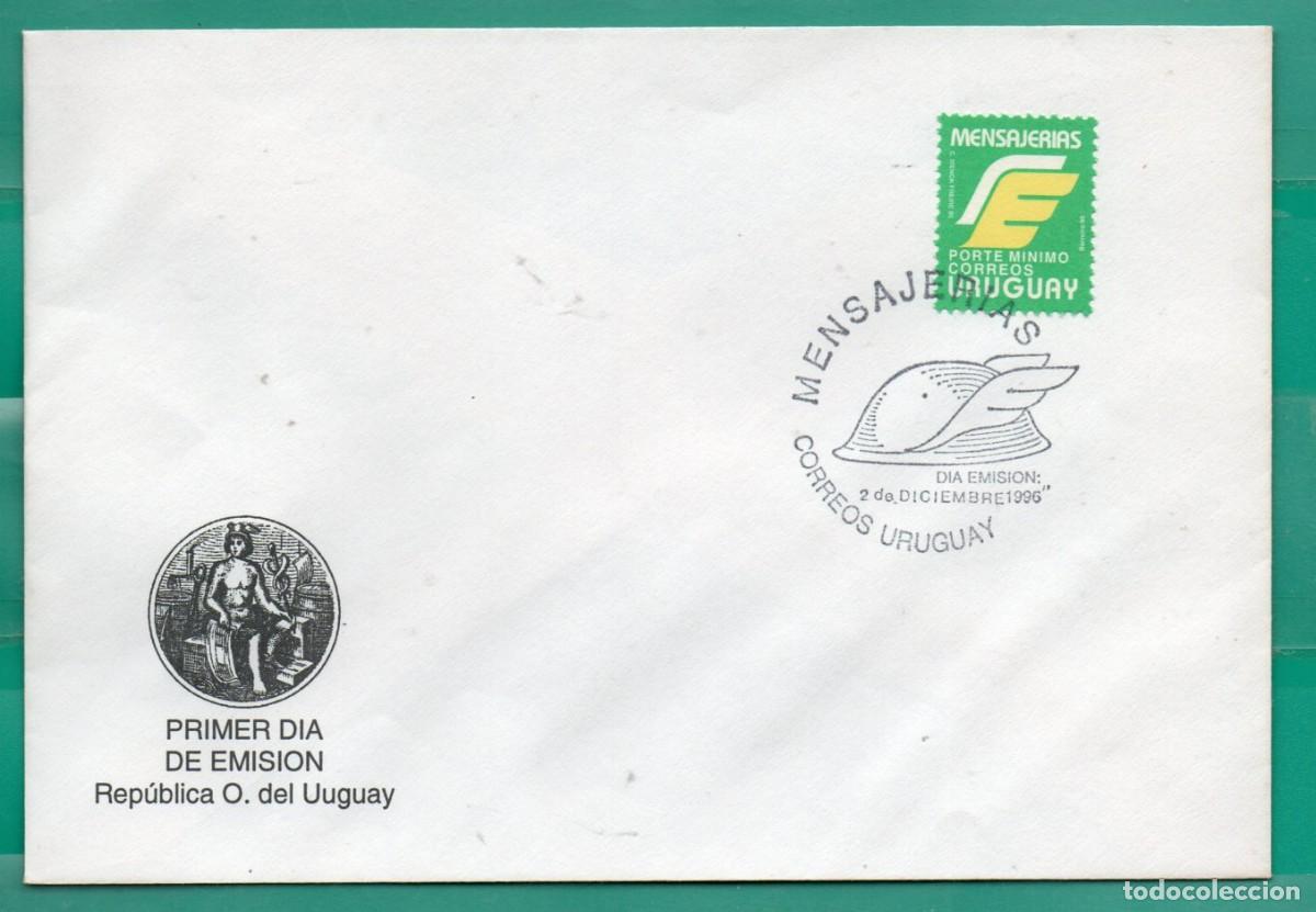 Sellos: URUGUAY 1996 Mensajer&iacute;a Sin Valor Facial en FDC(Sobre del 1&deg; D&iacute;a)-Verde,Amarillo y Blanco