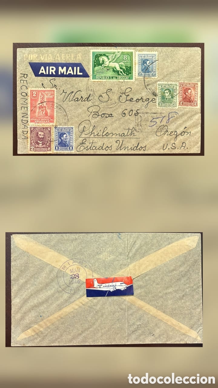 Sellos: CA)Uruguay. 1948.Registered Airmail Letter. Colorful envelope sent from Uruguay to Philomath, Oregon