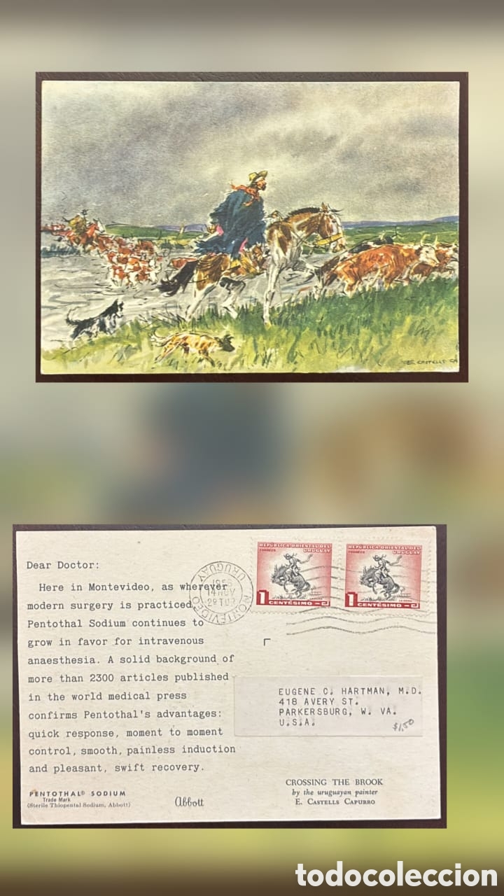 Sellos: CA)Uruguay. 1950 circa.Medical Advertising Postcard. Illustrated postcard titled Crossing the Brook