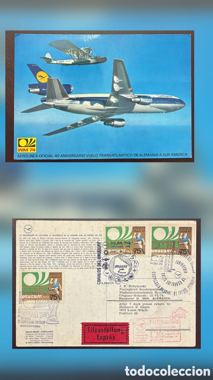 Sellos: CA)Uruguay.1974. Lufthansa 40th Anniversary Cover. Commemorative postal cover marking the 40th anniv