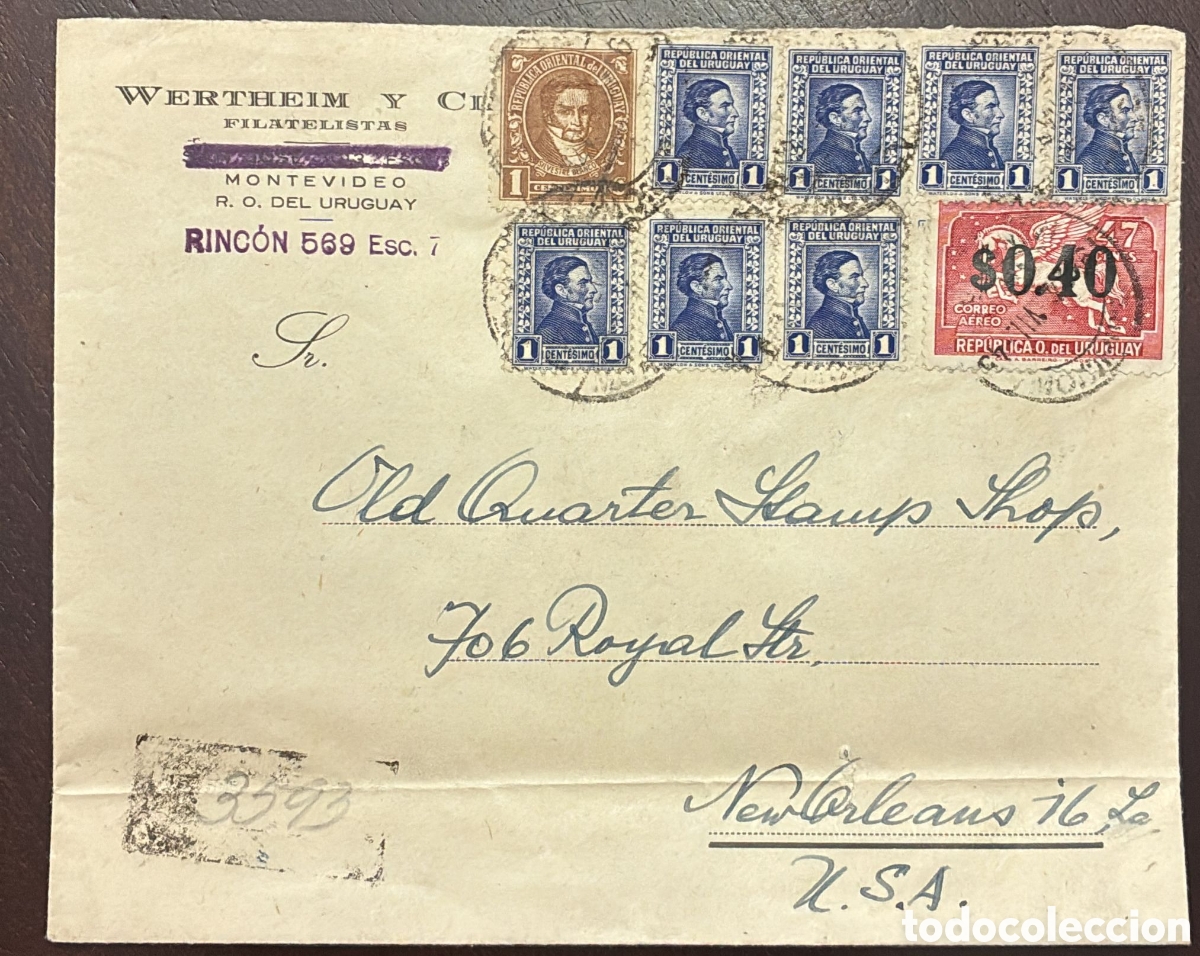 Sellos: CA)Uruguay. 1950 circa.Philatelic Dealer Correspondence. Envelope sent from Montevideo by Wertheim y
