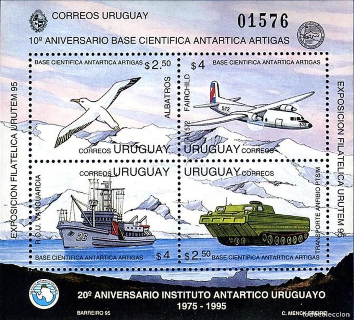 Sellos: URUGUAY 1995 SHEET MNH EXPO URUTEM 95 BASE CIENTIFICA ANTARTICA ARTIGAS BARCOS AVIONES AVES BIRDS