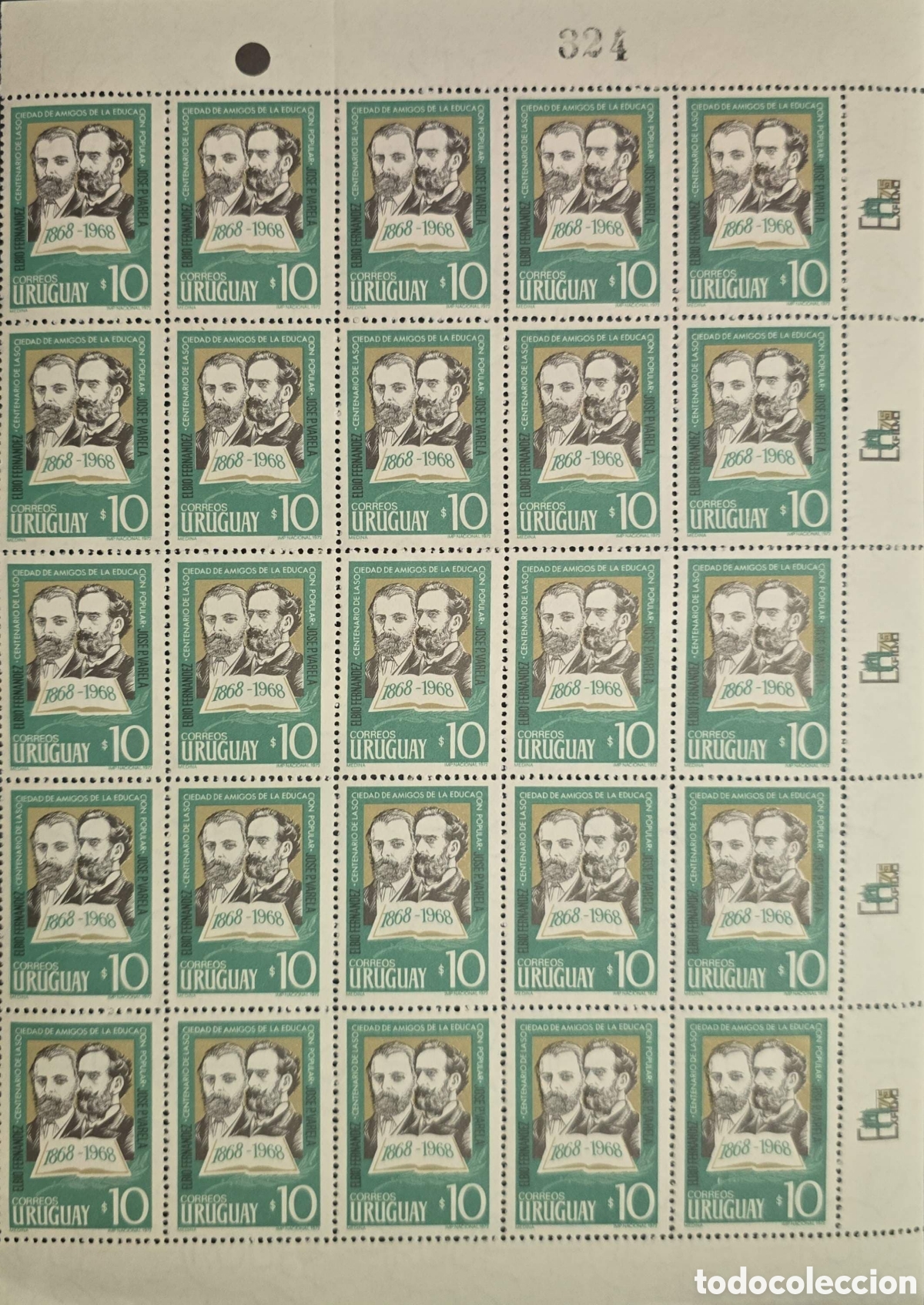 Sellos: CA)Uruguay + 1968 + Commemorative Issue + Full sheet of $10 green stamps honoring the centenary of t