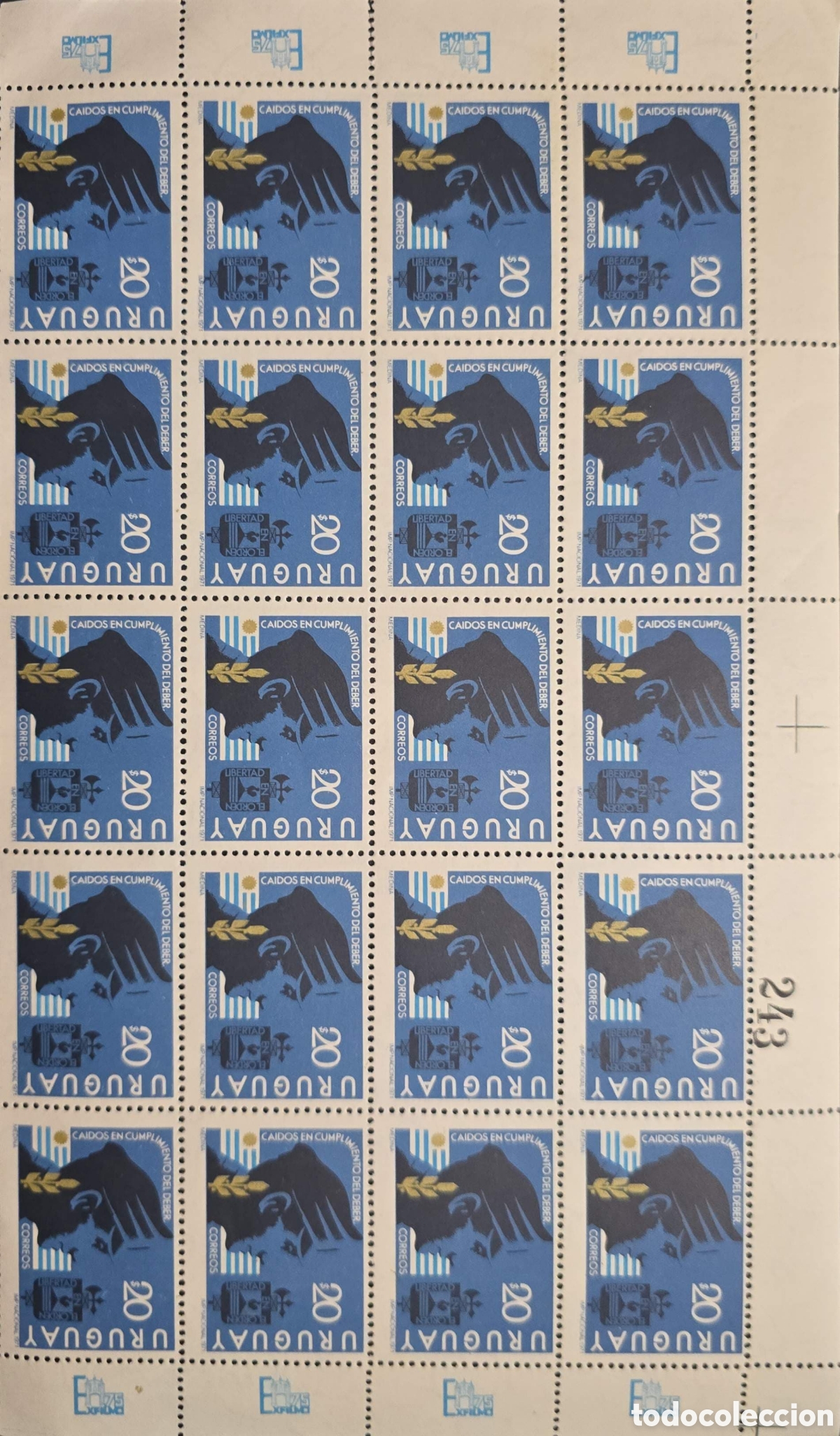Sellos: CA)Uruguay + 1990s + Commemorative Issue + Sheet of 20 stamps &ldquo;Ca&iacute;dos en cumplimiento del deber,&rdquo; de