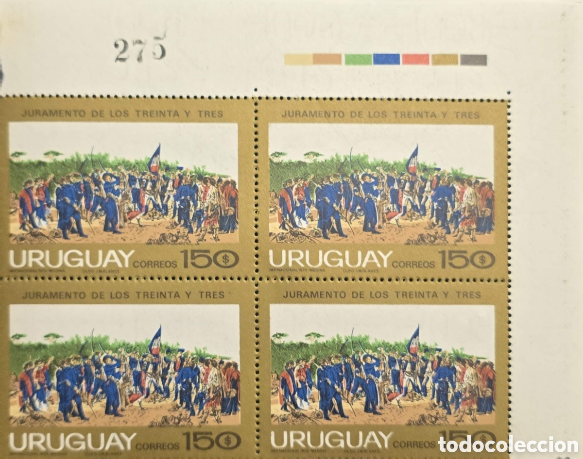 Sellos: CA)Uruguay + 1990s + Historical Issue + Sheet of four 150$ stamps titled &ldquo;Juramento de los Treinta y