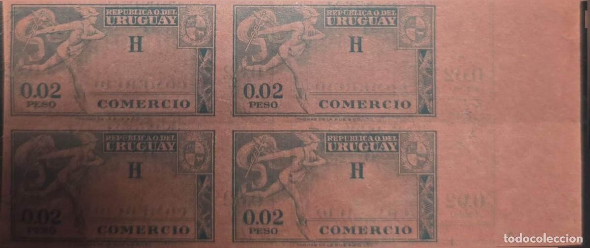 Sellos: O) URUGUAY, REVENUE STAMP, MERCURY, 0.02 peso H. IMPERFORATED BLOCK