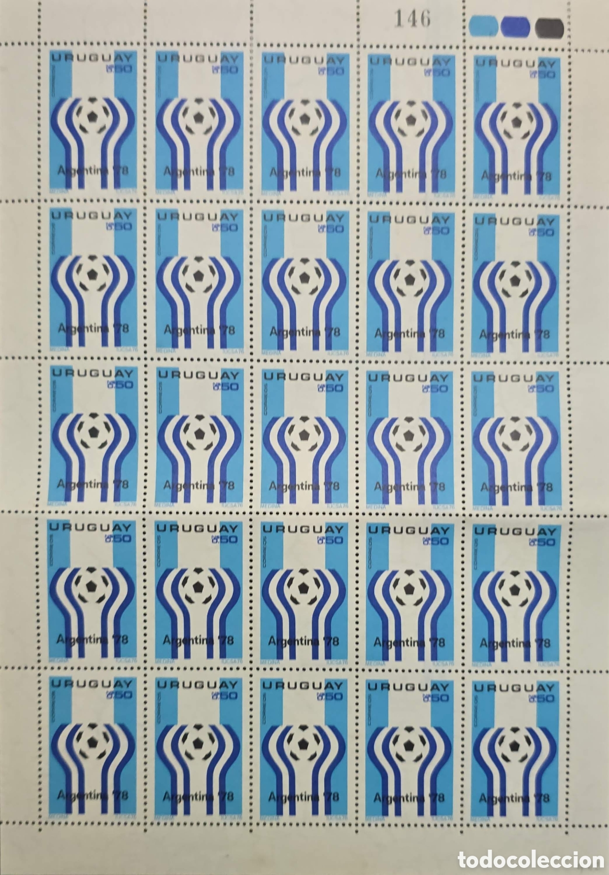 Sellos: CA)Uruguay + 1978 + World Cup + Commemorative sheet of 25 stamps with blue and white stripes and sty
