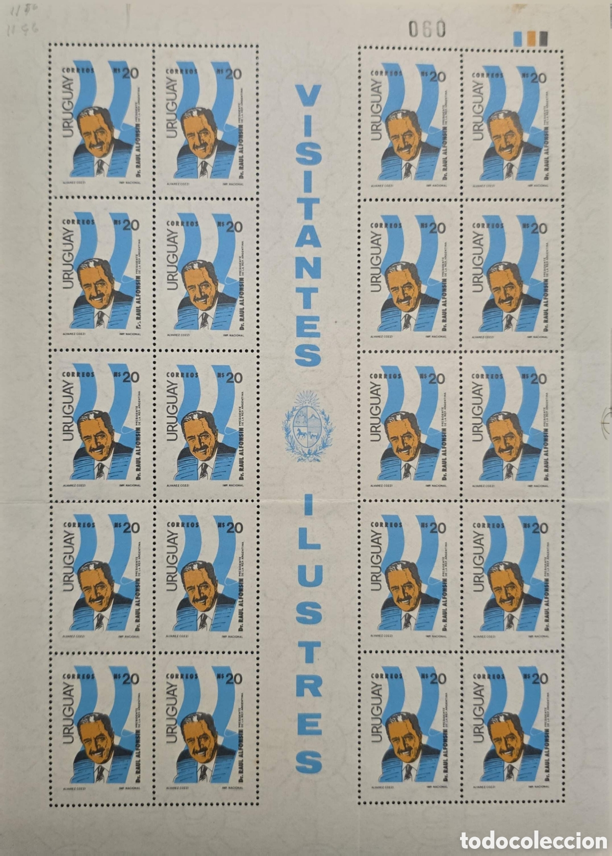 Sellos: CA)Uruguay + 1980s + Distinguished Visitors + Commemorative sheet of 20 stamps featuring portrait of