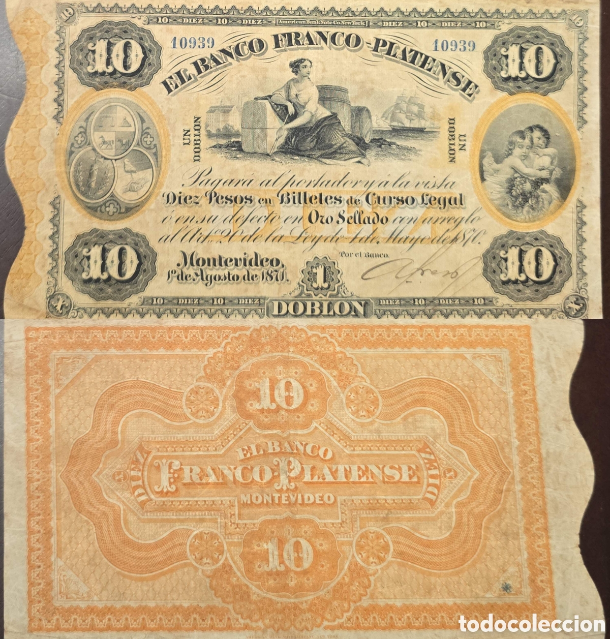 Sellos: Cy) 1870 Uruguay, 1 doblon banknote issued by El Banco Franco‑Platense in Montevideo