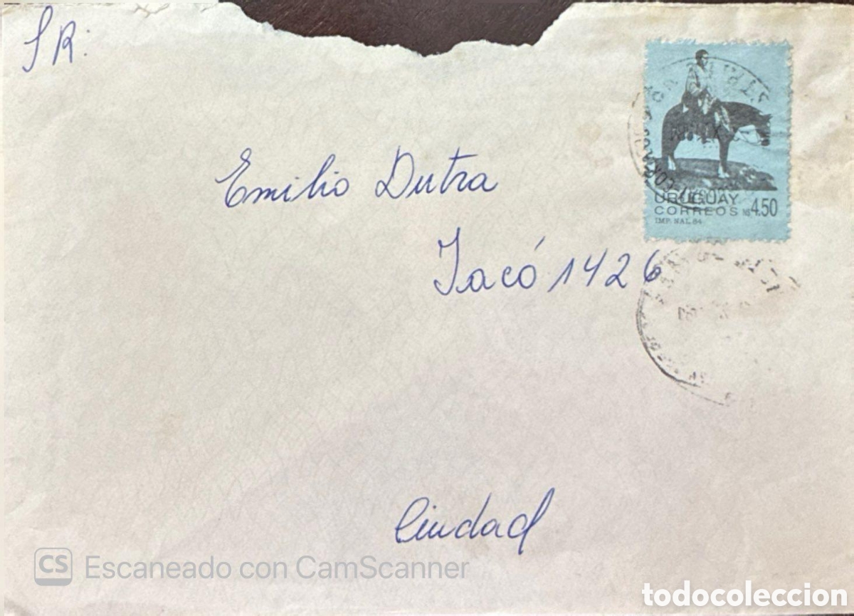 Sellos: CA)Uruguay.A cover or envelope fragment addressed to &rdquo;Emilio Dutra&rdquo; at &rdquo;Jac&oacute;/1426&rdquo; (likely Jac&oacute; Stre