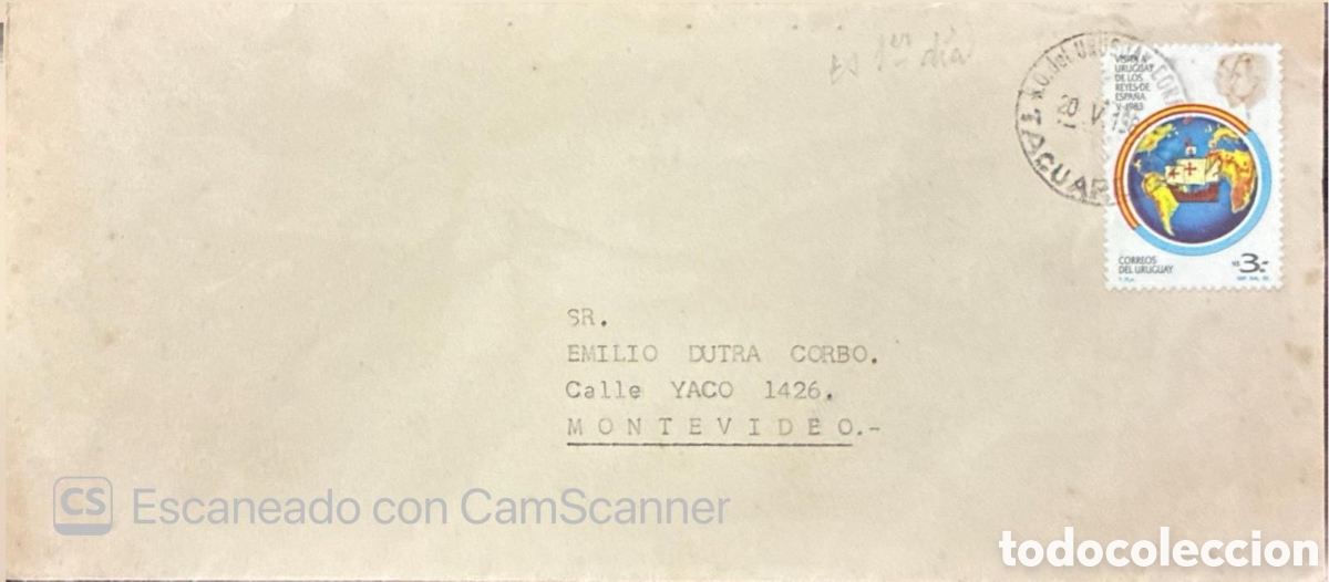 Sellos: CA) URUGUAY 1983. A cover or envelope fragment addressed to &rdquo;Sr. Emilio Dutra Corbo&rdquo; at Calle Yaco 1