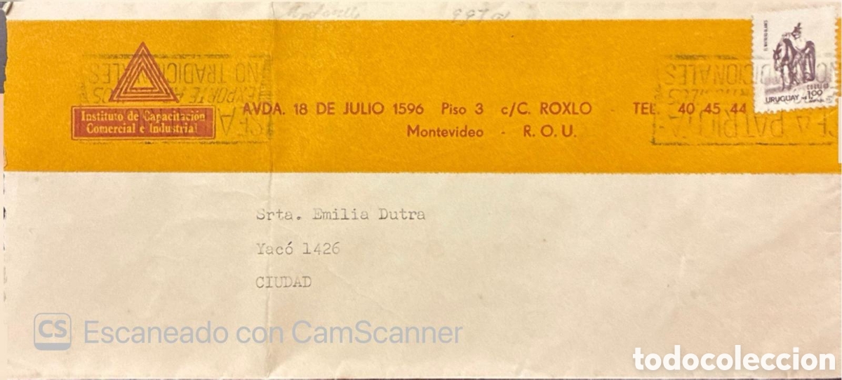 Sellos: CA)Uruguay.1983 A cover or envelope fragment from the &rdquo;Instituto de Capacitaci&oacute;n Comercial e Industr