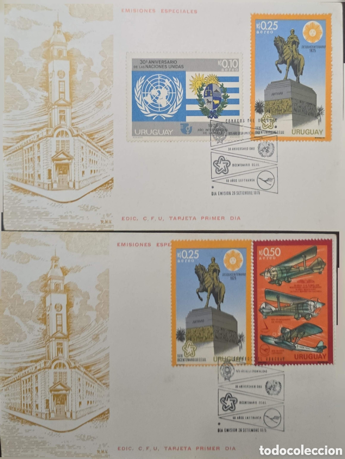Sellos: CA)Uruguay1975 First Day Cards (Edic. C. F. U. Tarjeta Primer D&iacute;a) from Uruguay, issued on Septembe