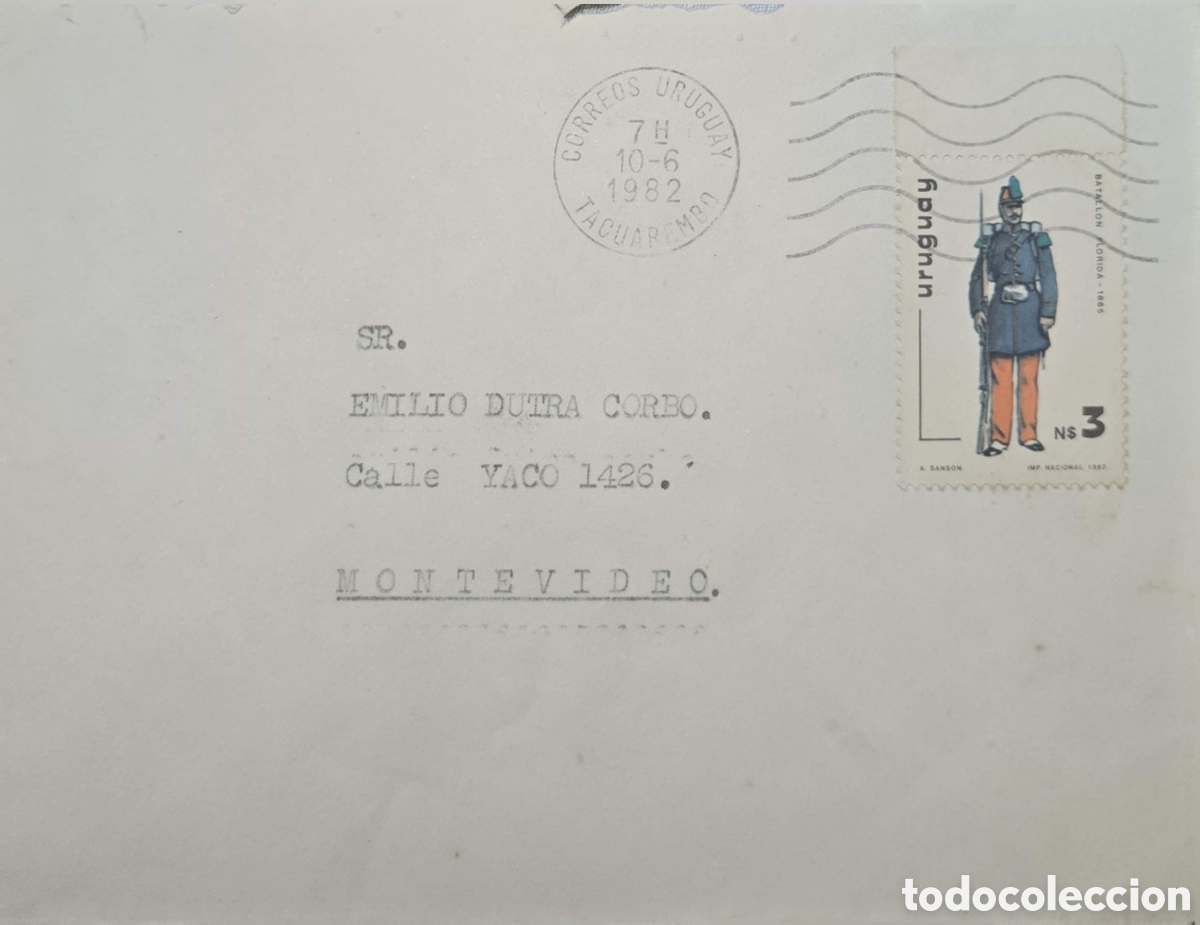 Sellos: CA)Uruguay1982 postal envelope from Uruguay addressed to &rdquo;Sr. Emilio Dutra Corbo&rdquo; at Calle Yaco 1426