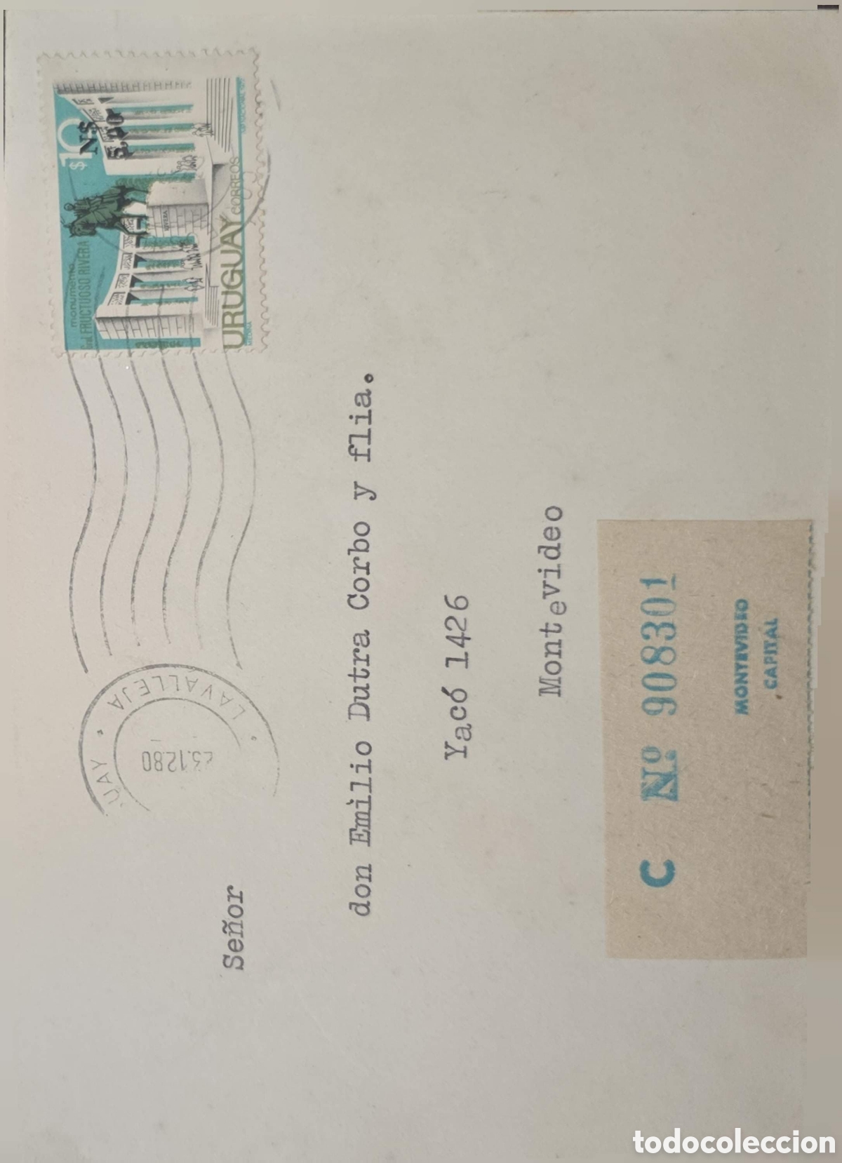 Sellos: CA)Uruguay1980 typed registered postal envelope from Uruguay addressed to &rdquo;Se&ntilde;or don Emilio Dutra Co