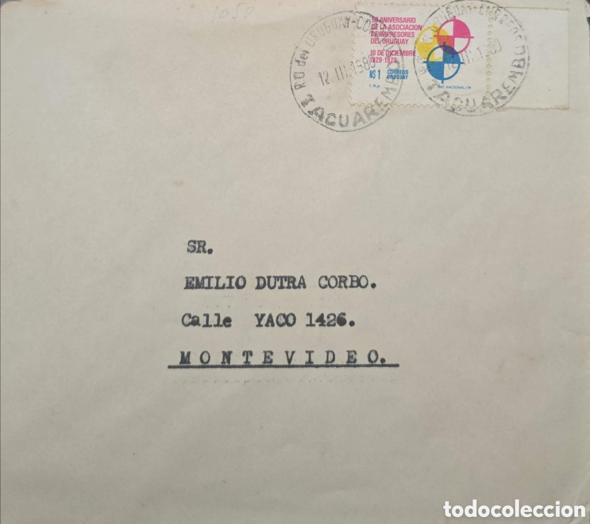 Sellos: CA) Uruguay 1980 typed postal envelope from Uruguay addressed to &rdquo;Sr. Emilio Dutra Corbo&rdquo; at Calle
