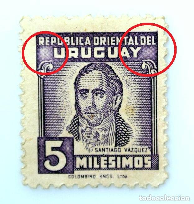 Briefmarken: Sello postal URUGUAY 1946 , 5 mil&eacute;simos, Santiago V&aacute;zquez, Sin usar, Con Error de impresi&oacute;n