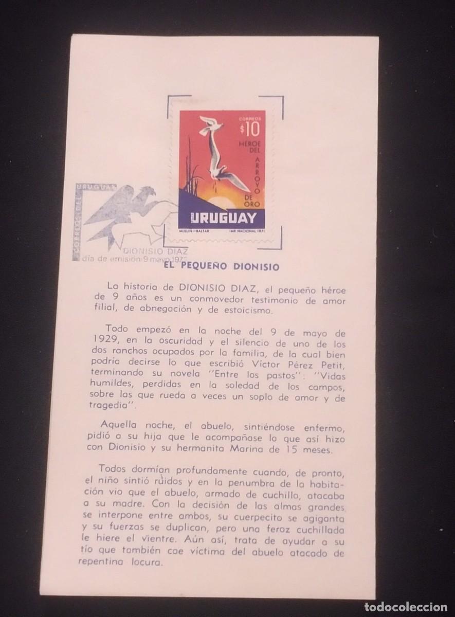 Sellos: TS) 1972 URUGUAY, FDC, POSTCARD,WITH A TRIBUTE TO DIONISIO DIAZ, THE HERO OF ARROYO DE ORO WHO DIED