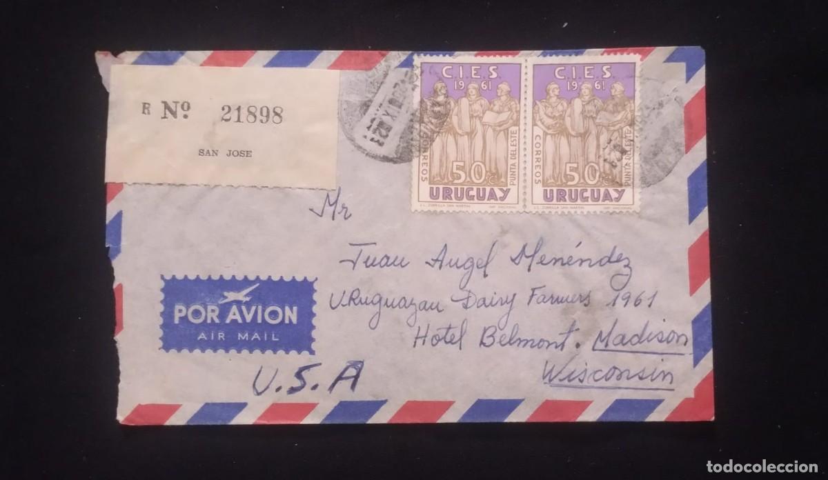 Sellos: TS) 1961 URUGUAY, REGISTRATION NUMBER, AIRMAIL, COVER SENT FROM SAN JOSE TO WISCONSIN, WITH THE CONF