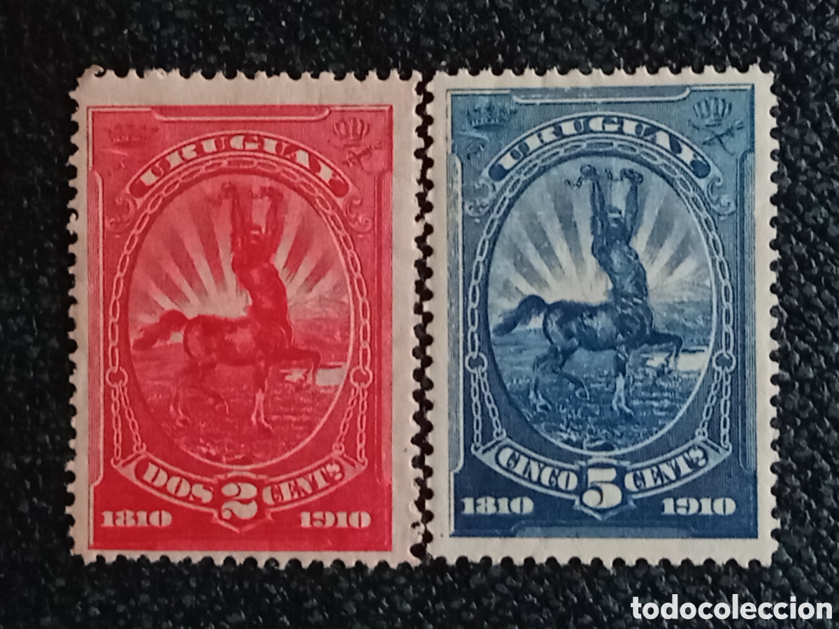 Sellos: Uruguay 1910 Centenario Revoluci&oacute;n Mayo Centauro Scott 181/182 MH