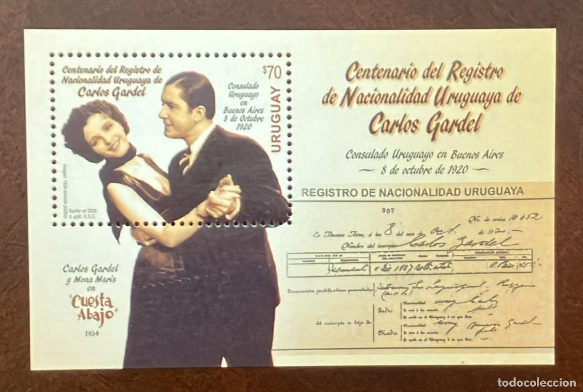 Sellos: TS) 2020 URUGUAY, SOUVENIR SHEET,CENTENARY OF THE REGISTRATION OF CARLOS GARDEL URUGUAYAN NATIONALIT