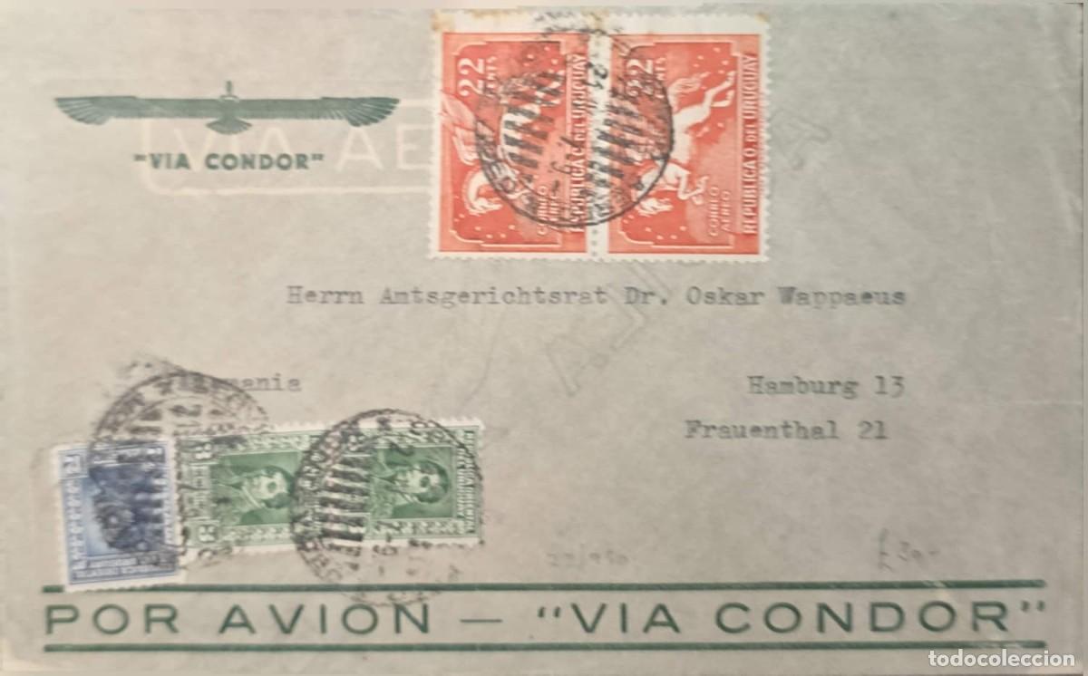 Sellos: O) URUGUAY, AIRMAIL, VIA CONDOR, PEGASUS, GENERAL RIVERA, ARTIGAS, CIRCULATED TO HAMBURG