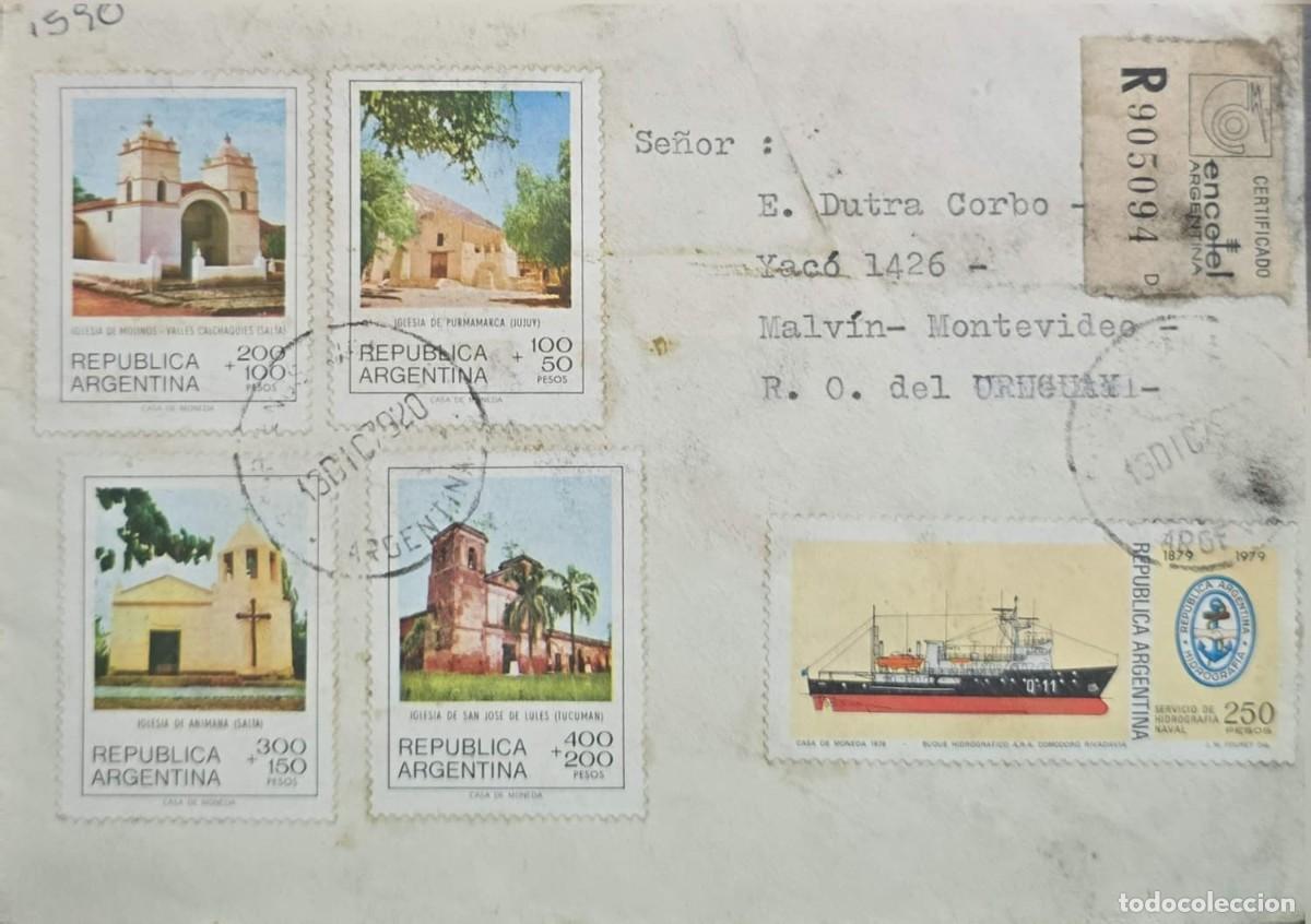 Sellos: MI) 1979 ARGENTINA, REGISTERED MAIL COVER SENT TO MONTEVIDEO, URUGUAY, BEARING 5 STAMPS TO COVER POS