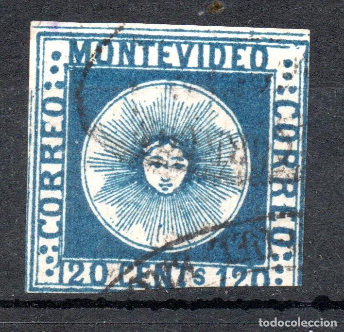 Sellos: URUGUAY 1858, 120 Cents Sol de Mayo Sc#4 Doble Matasellos Ovalado