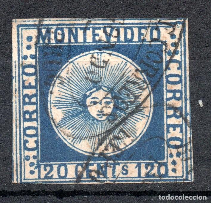 Sellos: URUGUAY 1858, 120 Cents Sol de Mayo Sc#4 Doble Matasellos OvaladoS DOBLES