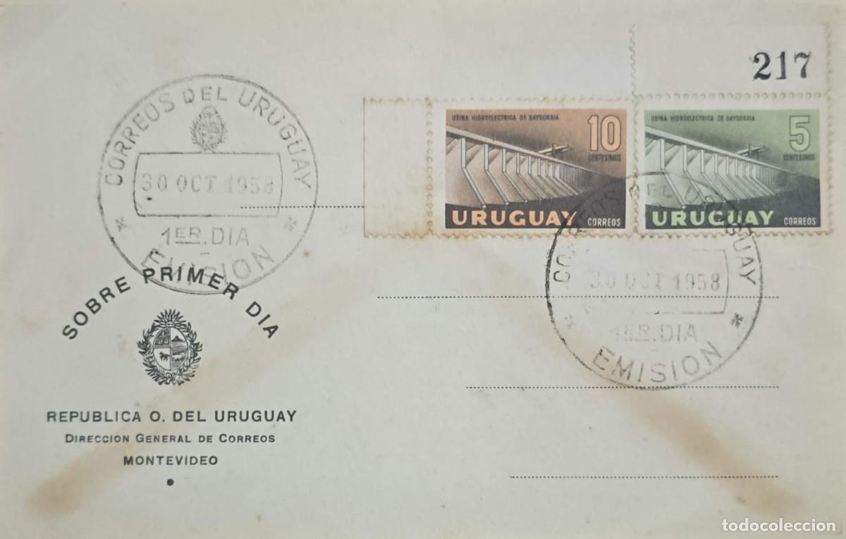 Sellos: MI) 1958 URUGUAY, FDC, USINA HIDROEL&Eacute;CTRICA DE BAYGORRIA, ESCUDO NACIONAL, VF